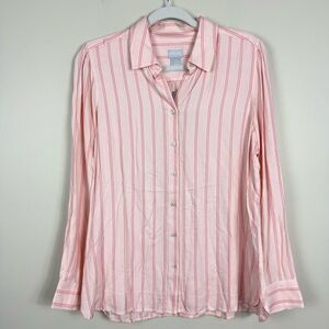 Chicos Button Front Shirt Womens 8 10 Pink Stripe Long Sleeve Pastel Coastal Top
